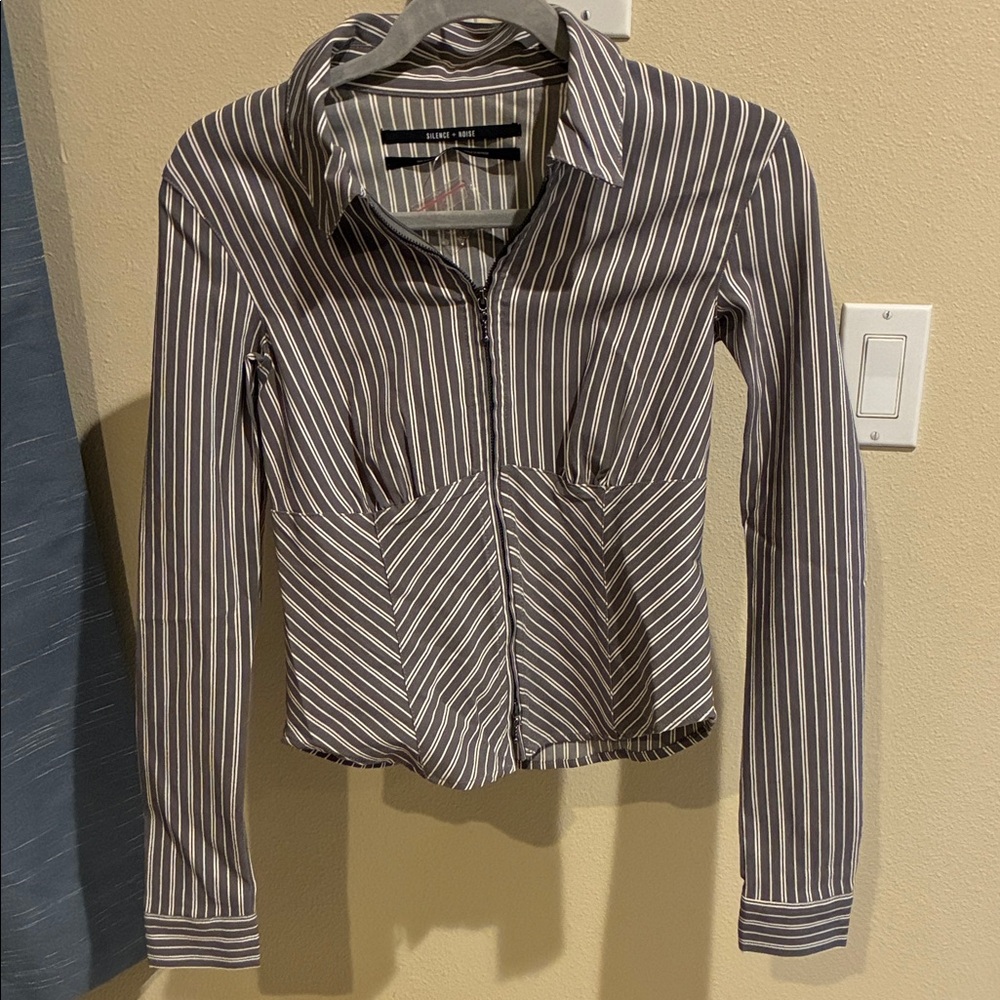 Silence + Noise Gray Striped Zip-Up Top